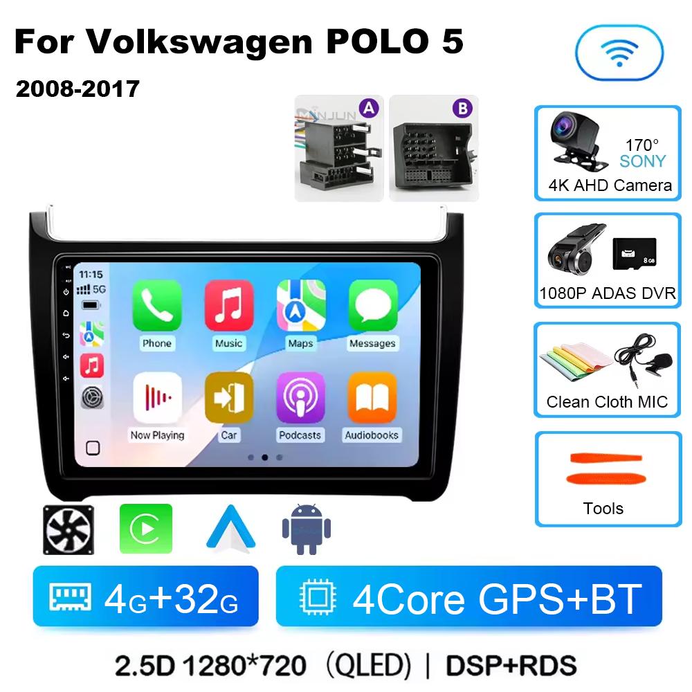 Автомагнитола для VW Volkswagen POLO 5 2008-2017 Vento Беспроводной Carplay Android 14 Авто Автомагнитола стерео DSP 2 Din 4G WIFI QLED