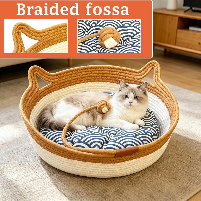 Pet Cat Bed Round Hand Woven Rattan Wear-resistant Cat Bed Summer Pet Bed Indoor Sleeping House Pet Products Accessories