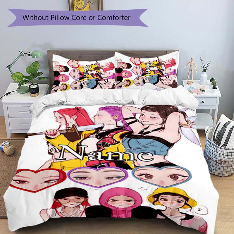 3pcs KPop Demon Hunters17 Cover Set - Personalized Name, HD Printed Bedding with 1 Cover and 2 Pillowcases - Perfect for Home Decor, Easy Care