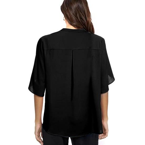 Yousheng Women Tops V-Neck Button Decor Half Sleeve Chiffon Blouse Solid Color Loose Fit Breathable Shirt Tops Daily Wear