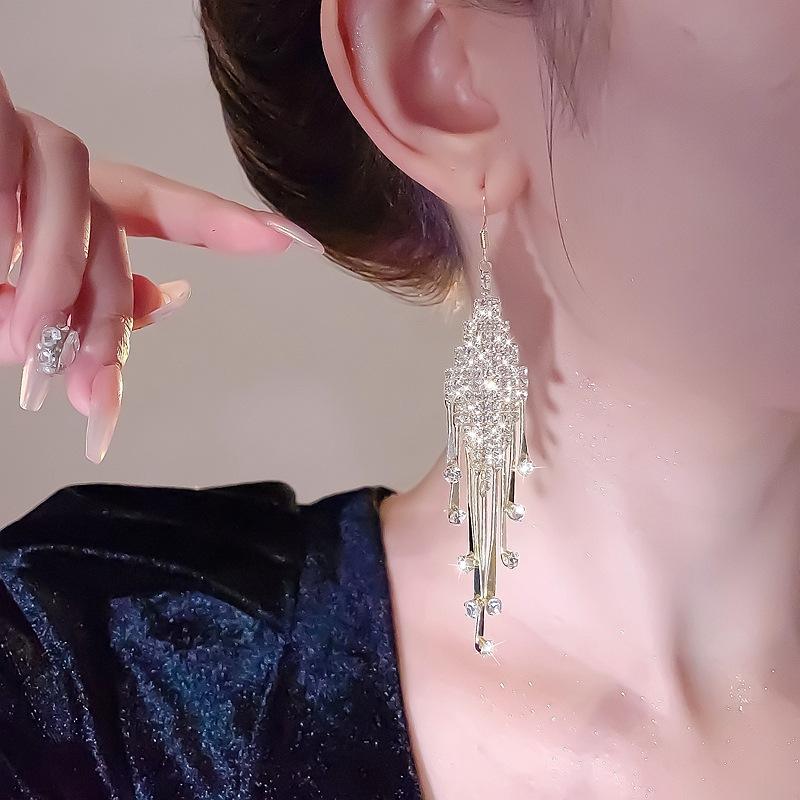 Серьги с бахромой из длинных полных бриллиантов, модные женские, преувеличенные, высококлассные, супер блестящие серьги