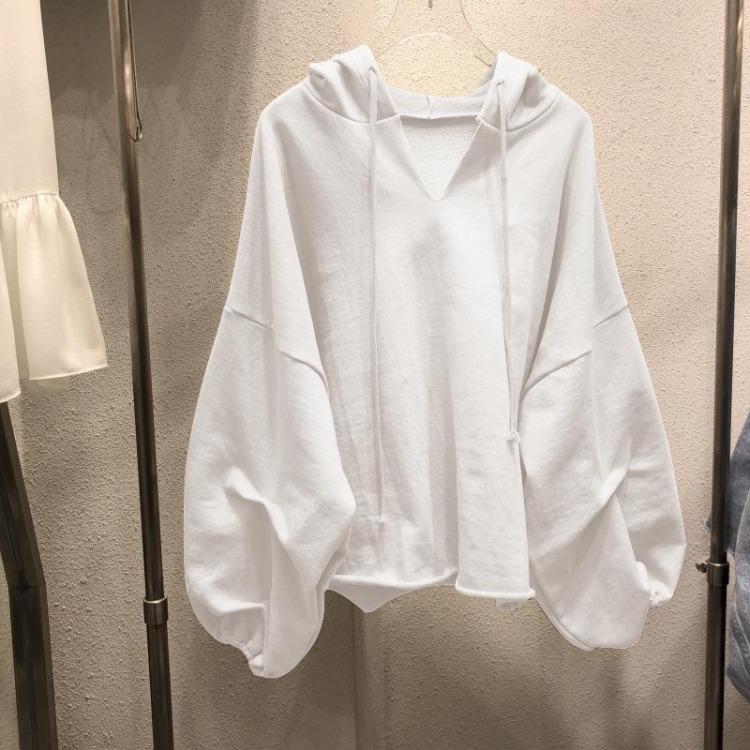 Корейский стиль женский свободный тонкий хлопковый свитер с капюшоном и V-образным вырезом однотонный цвет для весны и осени