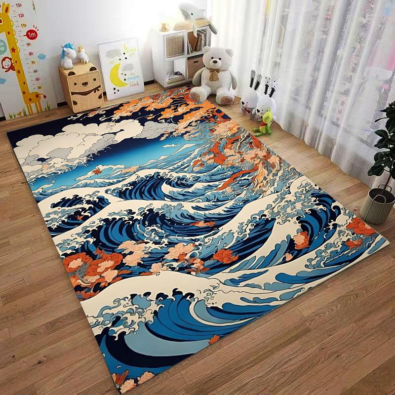 Japanese Wave and Flower Pattern Carpet, Ocean Scenery Rug Decor Suitable for use as an anti-slip for living room bedroom sofas
