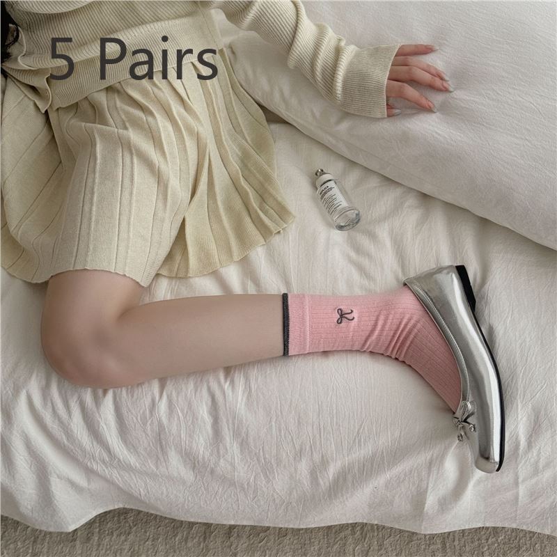 5 пар носков средней длины с вышитым бантом для девочек, длинные носки с ворсом в балетном стиле