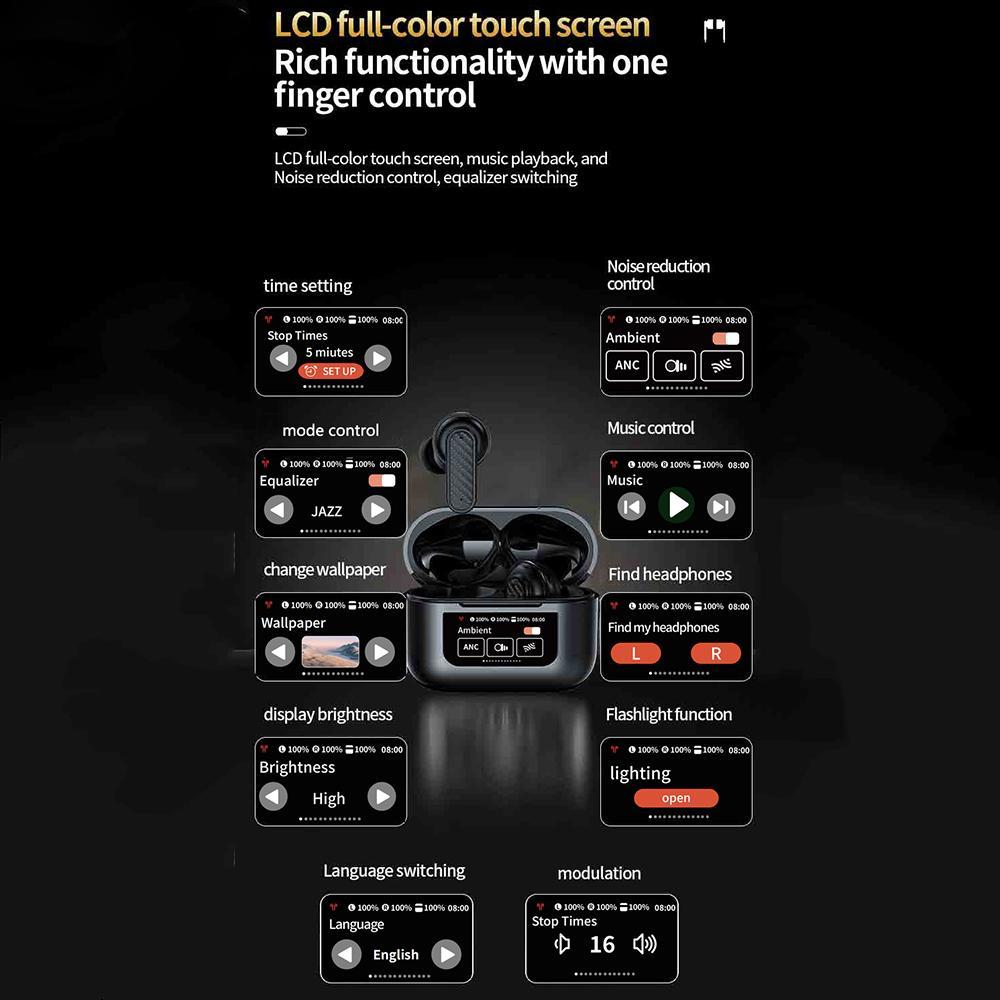 Wireless Bluetoth 5.4 Earphones LCD Touch Screen Headphones Noise Cancelling Headsets HiFi Stereo Earbuds Long Battery Life
