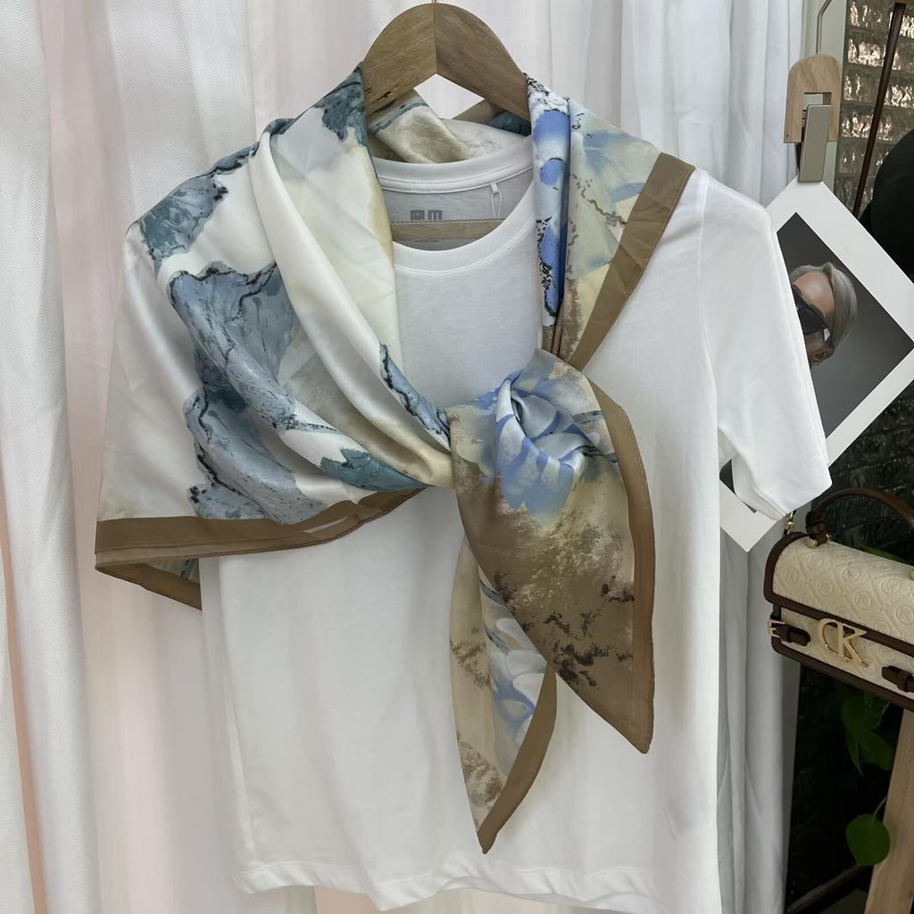 Spring and Autumn High-end Twill Flower Printed Bag Headscarf Scarf for Women New Versatile Sunscreen Scarf Scarf