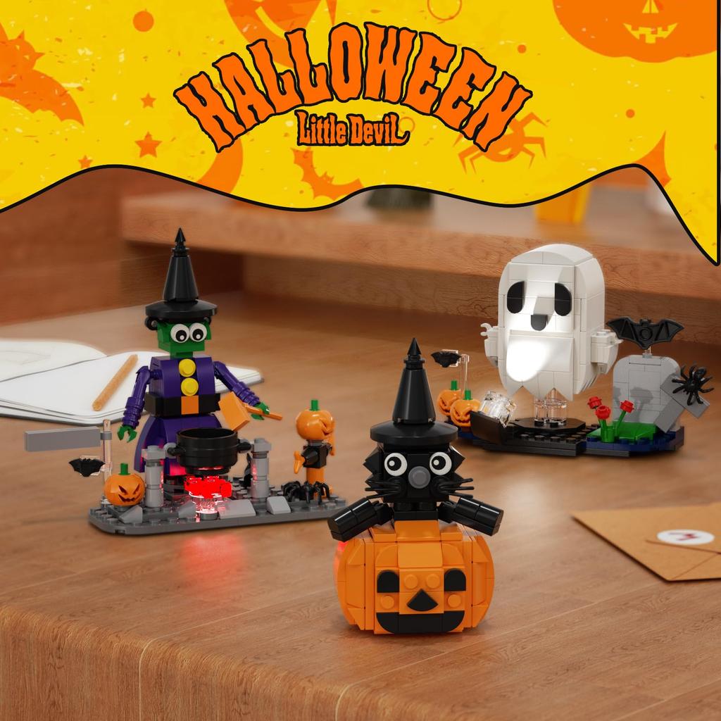 Halloween Building Set Blocks Toys Cat Pumpkin Ghost Witch Building Blocks Halloween Gifts for Girls Boys Children Kids Adults Interesting Educational