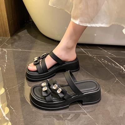 Бантик верхняя одежда одно слово тапки женские новые летние толстоподошвенные стразы маффин универсальные крутые шлепанцы