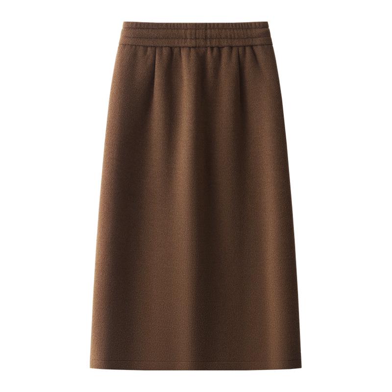 2024 Хаки Шерстяная Юбка Миди для Женщин – Осень/Зима, Эластичная Талия, Прямая Облегающая с Разрезом Спереди, Длина до Щиколотки