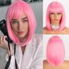 Women Fashion Pink Color Short Straight Bob Wig with Bangs Synthetic Fiber Black Pink White Purple Color Cosplay Sort Wig