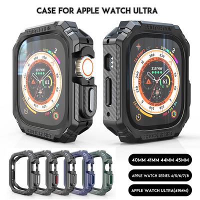 Военный ударопрочный корпус-бампер для Apple Watch Ultra Series 8 7 6 SE 5 Текстура углеродного волокна Металлическая кнопка 49 мм 40 41 44 45 мм