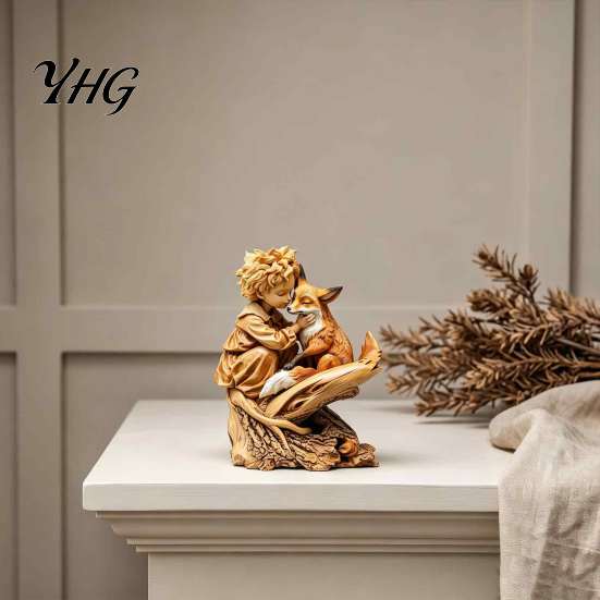 Vintage Home Accents Fairy Tale Little Boy and Fox Wooden Figurine, Rustic Desktop Statue, Artistic Carved Christmas Gift Ideas Sculpture Ornament for