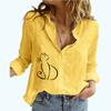 Women Fashion Lapel Neck Cardigan Shirt Ladies Long Sleeve Cotton Linen Top Cat Print Spring&Summer&Fall Casual Loose Blouses