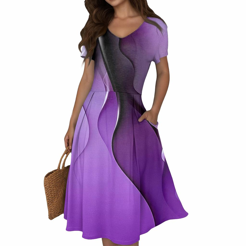 Женское летнее повседневное платье с принтом, V-образным вырезом, короткими рукавами и карманами