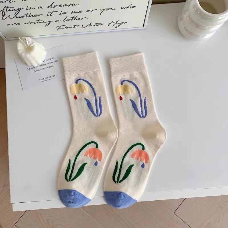 Милые женские хлопковые носки с рисунком из мультфильмов, весна-осень, мягкие, сладкие, цветочные, средней длины, носки JK Korean Harajuku для девочек, носки Sokken