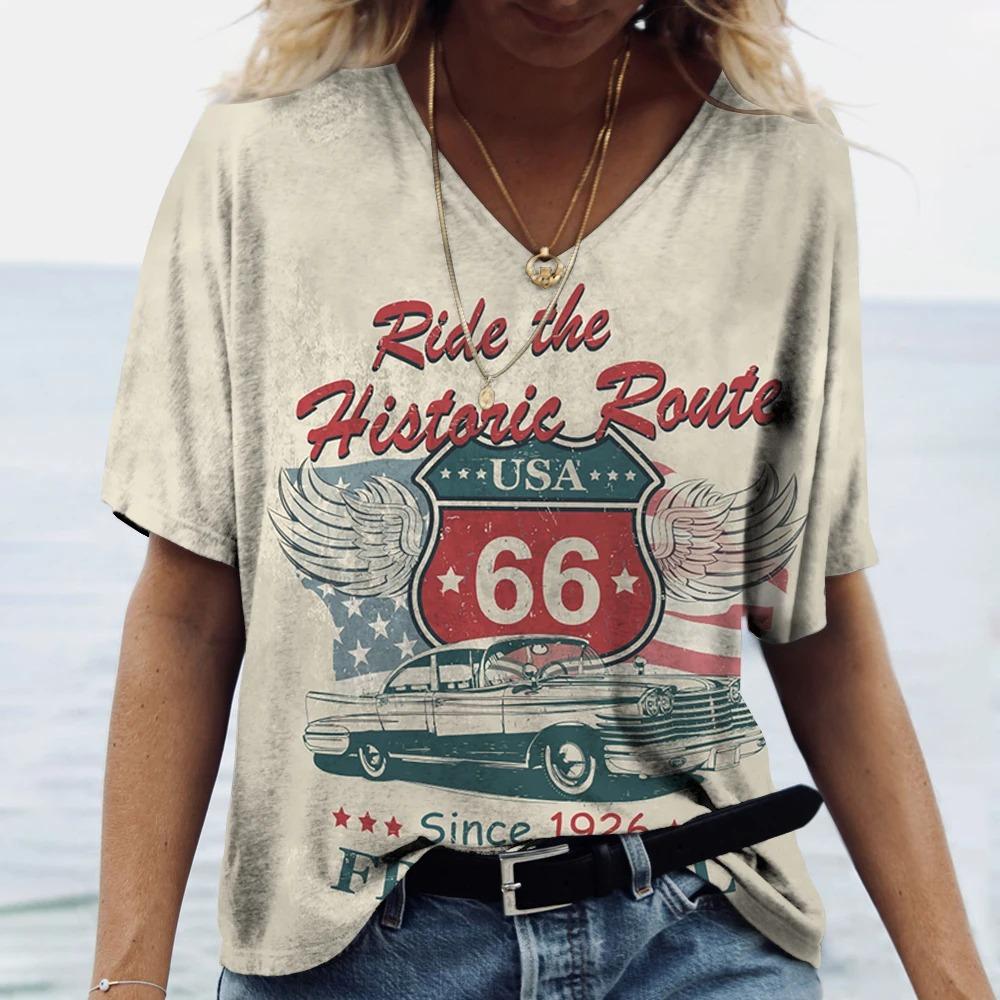 Популярные женские футболки с 3D-принтом US Route 66 и v-образным вырезом, повседневные женские пуловеры с короткими рукавами, модные топы, женская одежда