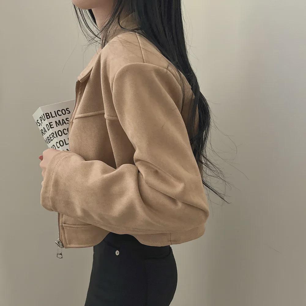 Корейский шикарный осенний ретро замшевый тонкий пиджак с застежкой-молнией и лацканами для женщин