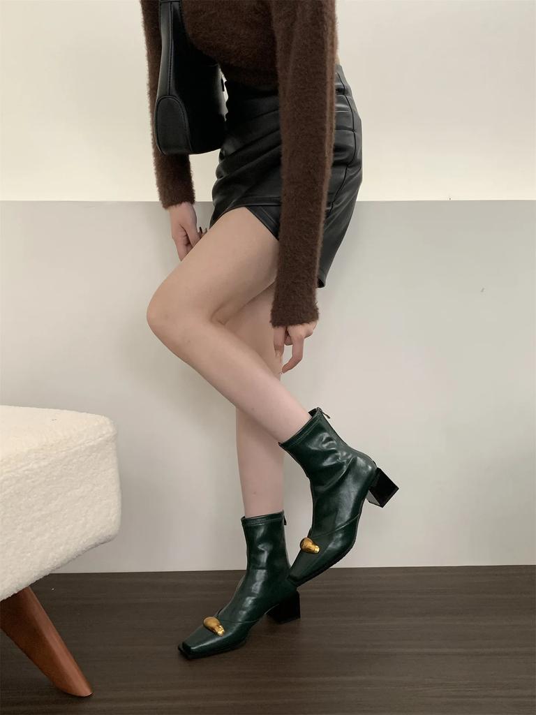 Мода Новая Обувь Дизайнер Металл Женские Эластичные Ботильоны Мода Молнии Обувь Квадратные Каблуки Дамские Современные Короткие Ботильоны Обувь