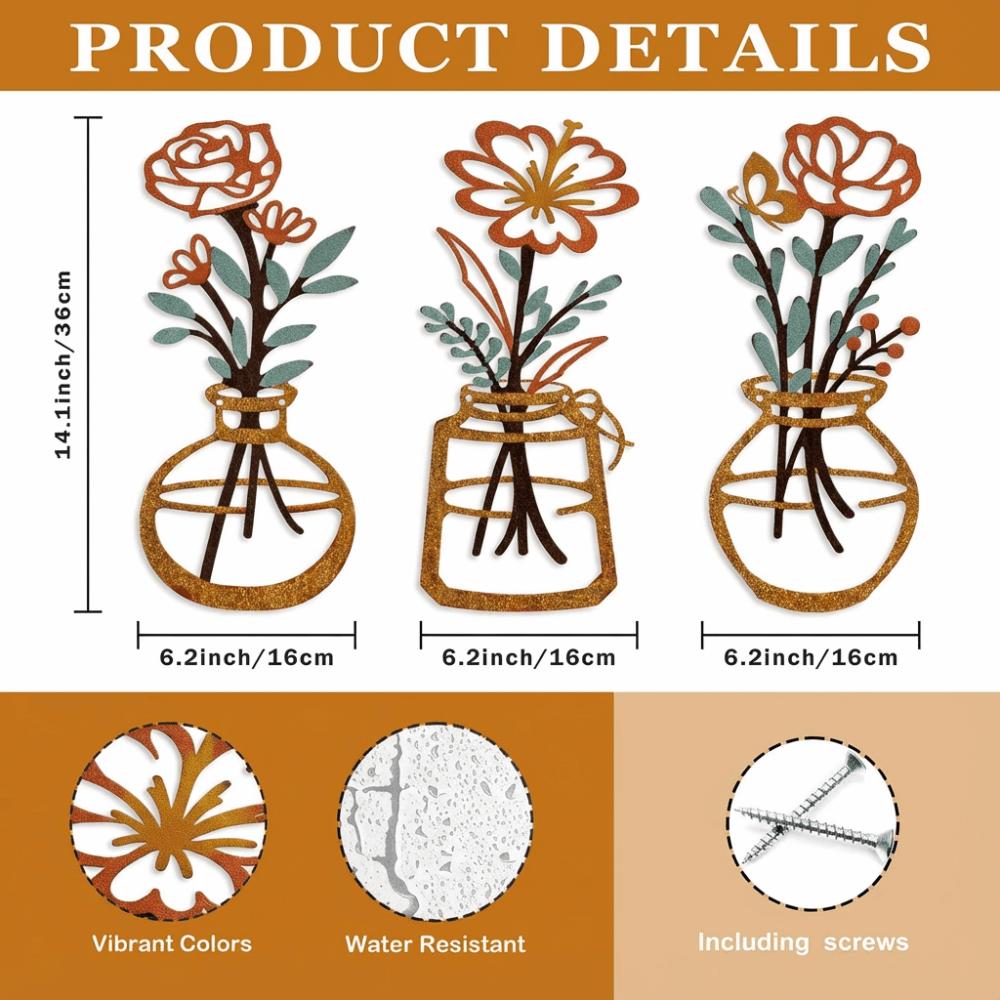 3 Pieces Set Metal Material Metal Flowers Wall Art 3D Boho Farmhouse Floral Decor Vase Design 3D Flower Vase Living Room