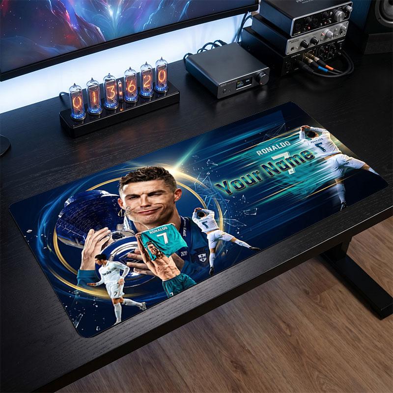 Cristiano Ronaldo Custom Large Mouse Pad, Personalized Name Text Print, Football Logo Non‑Slip Desk Mat Gaming Gift