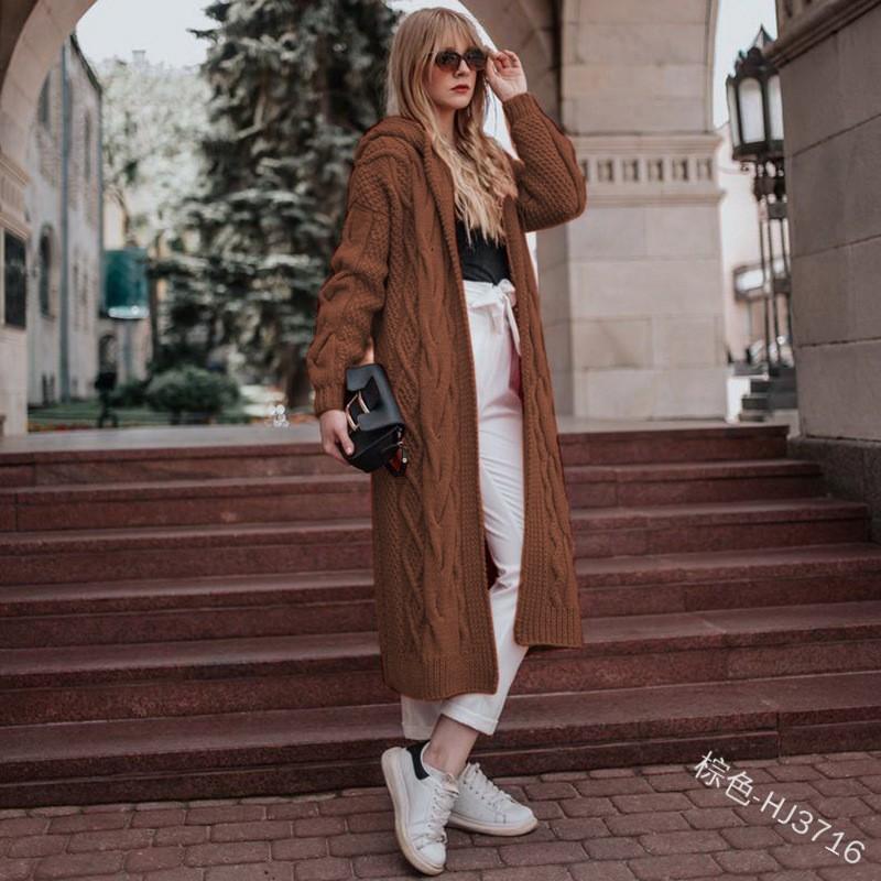 Women's Autumn And Winter Solid Color Loose Knit Sweater Mid-Length Hooded Jacket Sweater