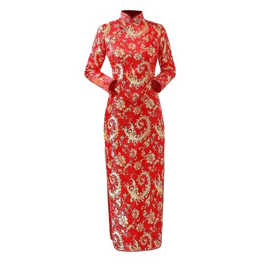 Женское классическое китайское платье в китайском стиле с винтажным цветочным принтом и воротником-стойкой с длинным рукавом и разрезом по щиколотку, платье макси Qipao Cheongsam