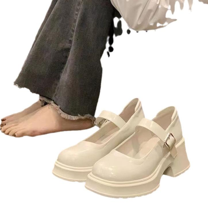 Туфли Мэри Джейн из натуральной кожи женские белые на платформе французские нежные феи с юбкой на толстом каблуке