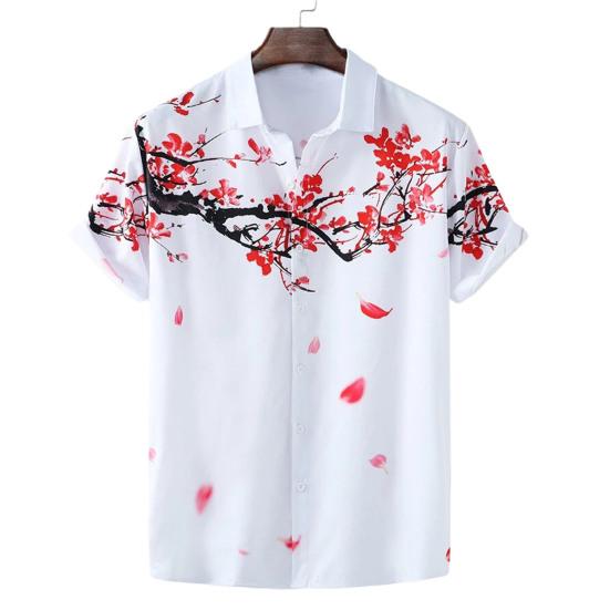 Men Shirt Cardigan Contrast Color Chinese Style Ink and Wash Painting Plum Blossom Summer Top Daily Clothes