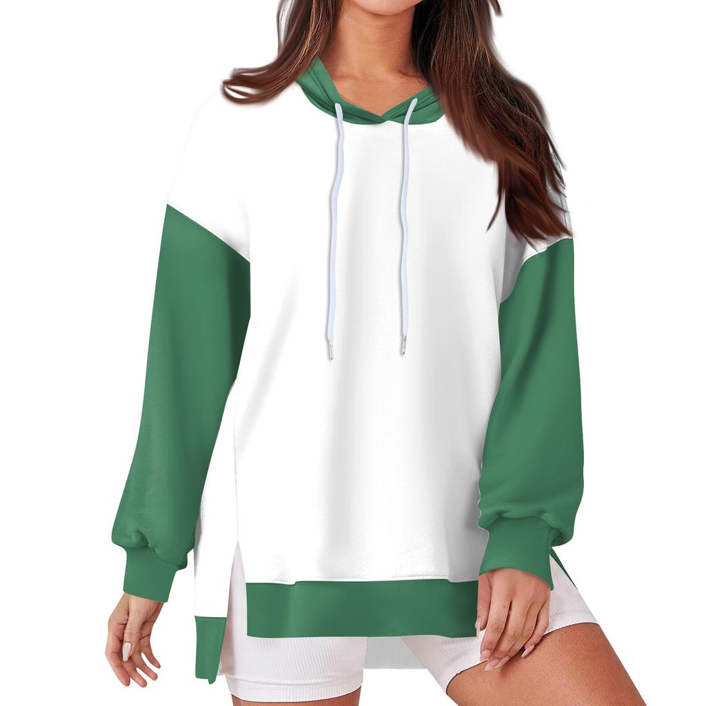 Women's Fashionable Casual Hoodie Long Sleeved Drawstring Pullover Solid Color Splicing Printed Loose Slit Sweatshirt