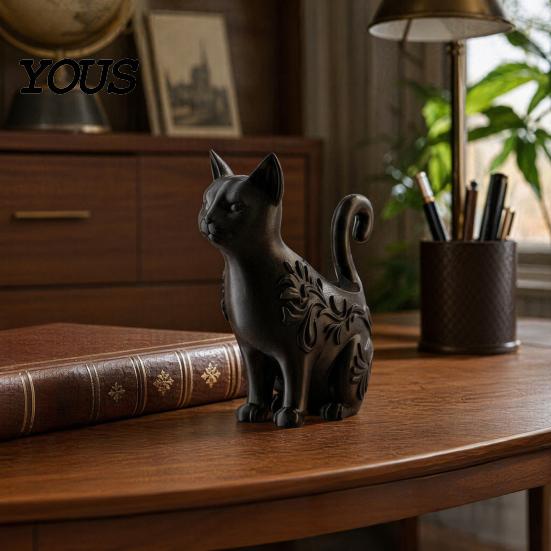 Изящная резная фигурка кошки, 3D-печатные черные фигурки, Многоцелевой держатель для благовоний, Мини-цветок, Современный готический горшок для хранения на рабочем столе, Настольный