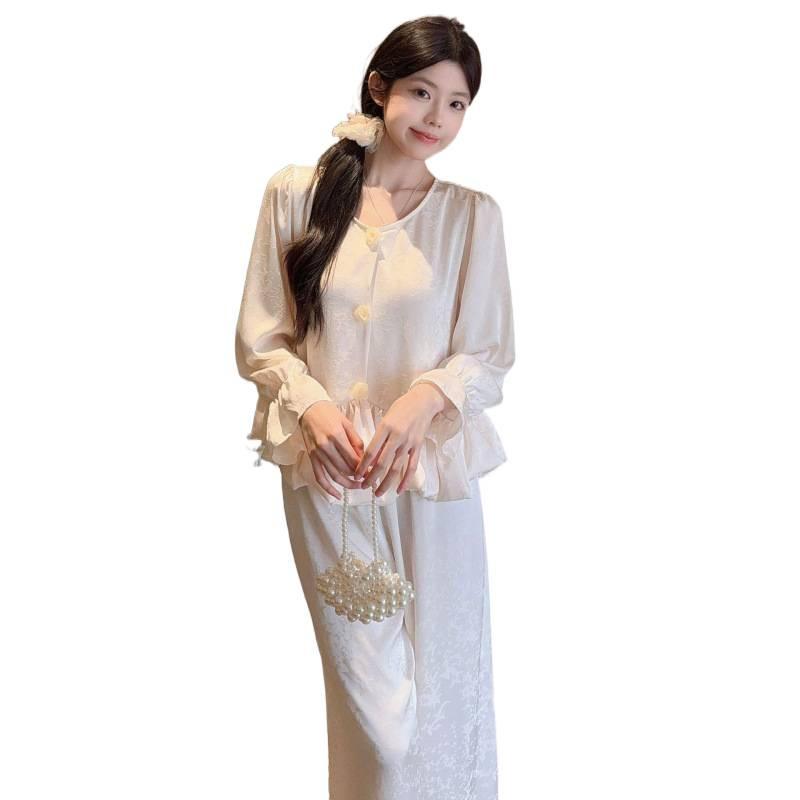 French pajamas women's spring and autumn 1011 new high-end butterfly jacquard long-sleeved trousers loungewear set can be worn outside