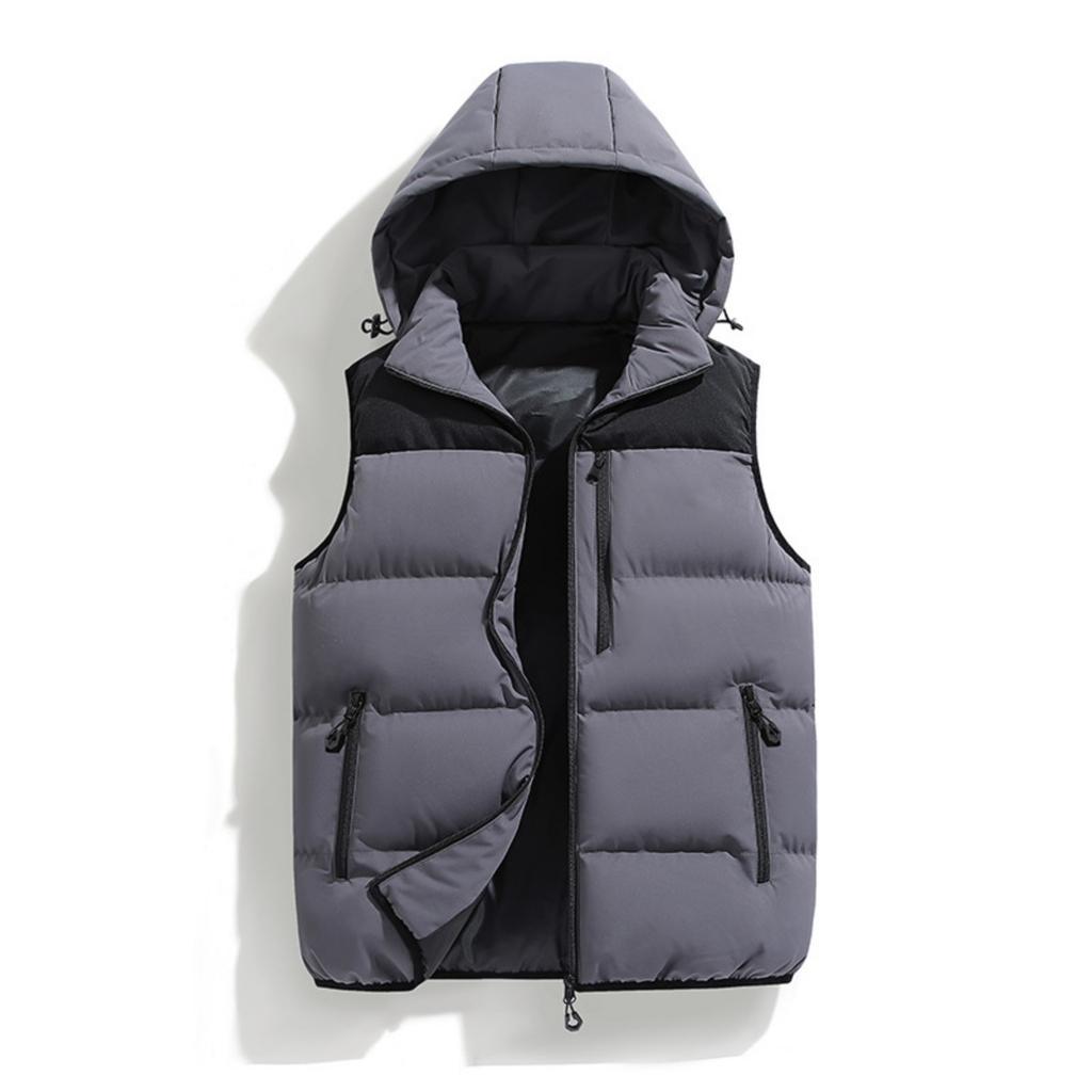 Men's Casual Loose Color-blocked Cotton Warm Jacket, Men's Detachable Cap Sleeveless Vest Jacket