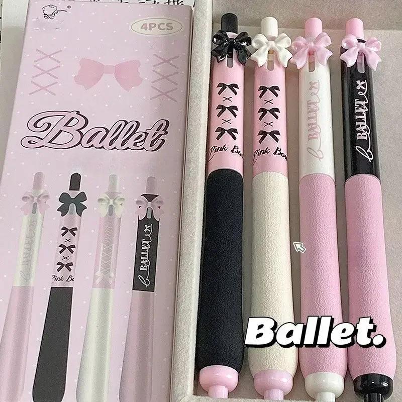 4pcs/box Sweet Chic Korean Gel Pen for Girls Black Pink White Bow Stationery Gel Pen 0.5mm Black Ink Pen for Writing School