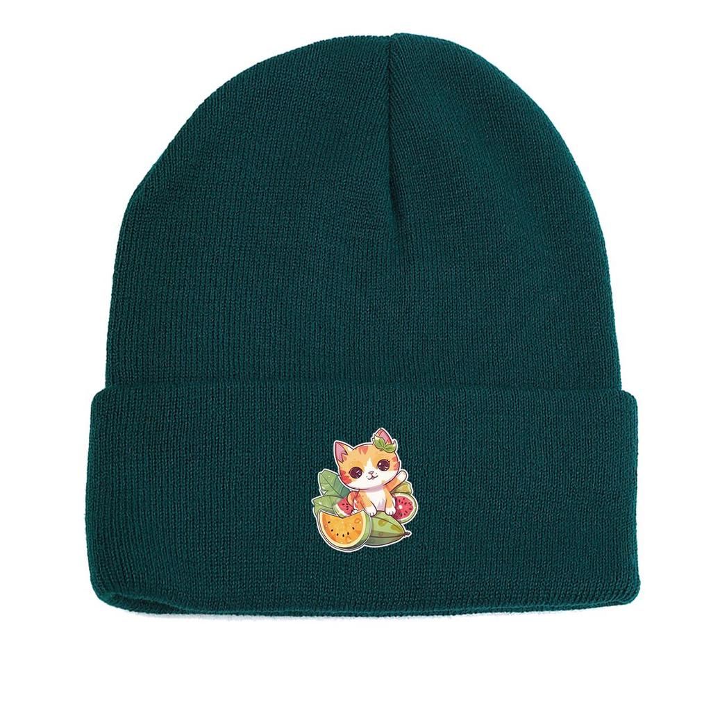 Cat Fruit Print Knit Cap Beanie, Skullies Beanies Winter Stretchy Sporting Bonnet Knitted Hat Beanie