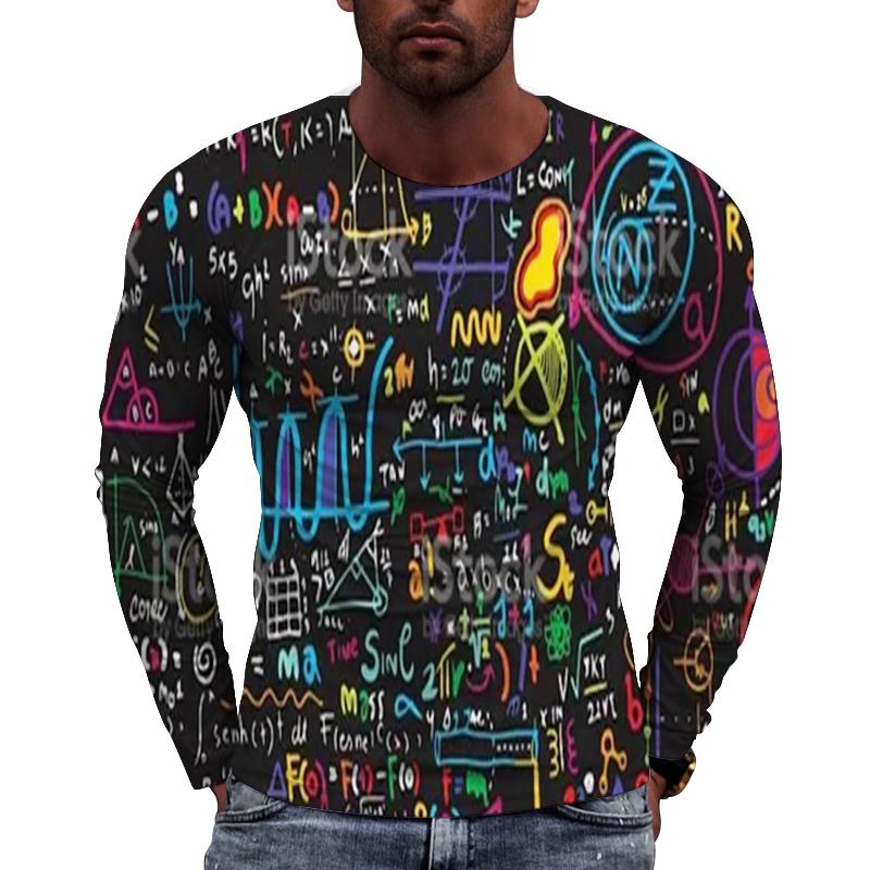 Fun Mathematical Formula Pattern Men's Long Sleeved Casual T-shirts - Soft Medium Stretch Polyester Fabric Spring and Autumn Relaxed Fit Clothing