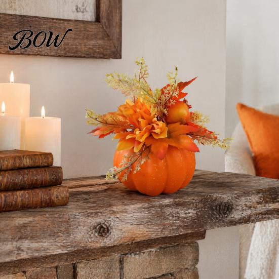 Halloween Table Decor Fall Pumpkin Ornament, Artificial Foam with Flower, Maple Indoor Holiday Accents Leaves, Berry for Autumn Harvest Thanksgiving