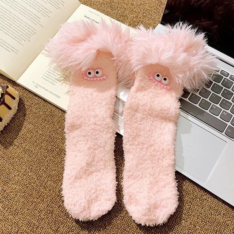 Crazy Big Mouth Monster Plush Socks Thickened Coral Fleece Cartoon Sleep Socks Winter Warm Soft Home Socks for Women Girls