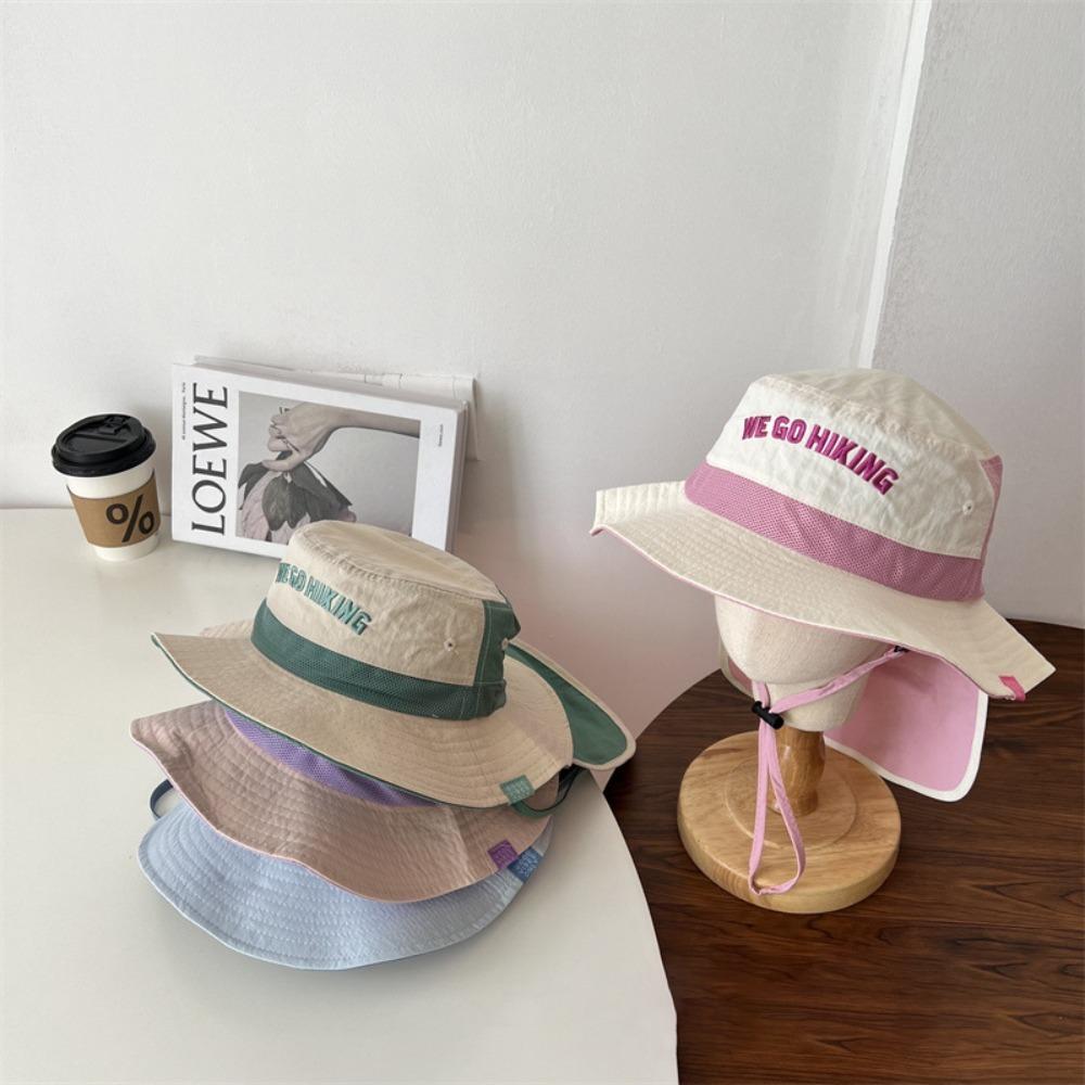 Kids Bucket Hat WEGO Letter Embroidery Color Block Thin Quick-Dry Sun Hat with Neck Flap UV Protection for Outdoor Activities