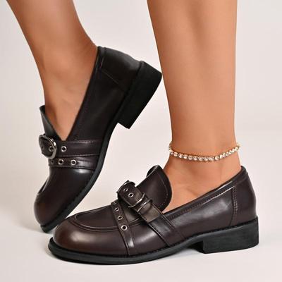 Металлическая пряжка-декорация Лоферы Женские 2025 Осень Круглый носок Средний каблук Туфли-лодочки Элегантные Винтажные Искусственная кожа Однотонные Офисная обувь