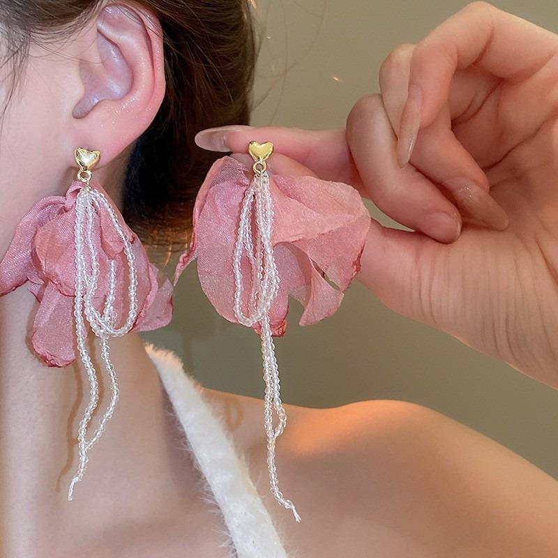 Серебряная игла розовый шифоновый цветок с бахромой серьги-гвоздики маленькие свежие и сладкие серьги в отпускном стиле легкая роскошь высококлассные серьги женские