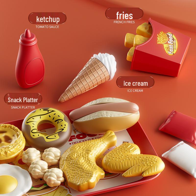 Kids' Pretend Kitchen Playset: Fast Food Pizza & Burger Meal with Fries, Egg Tart, and More