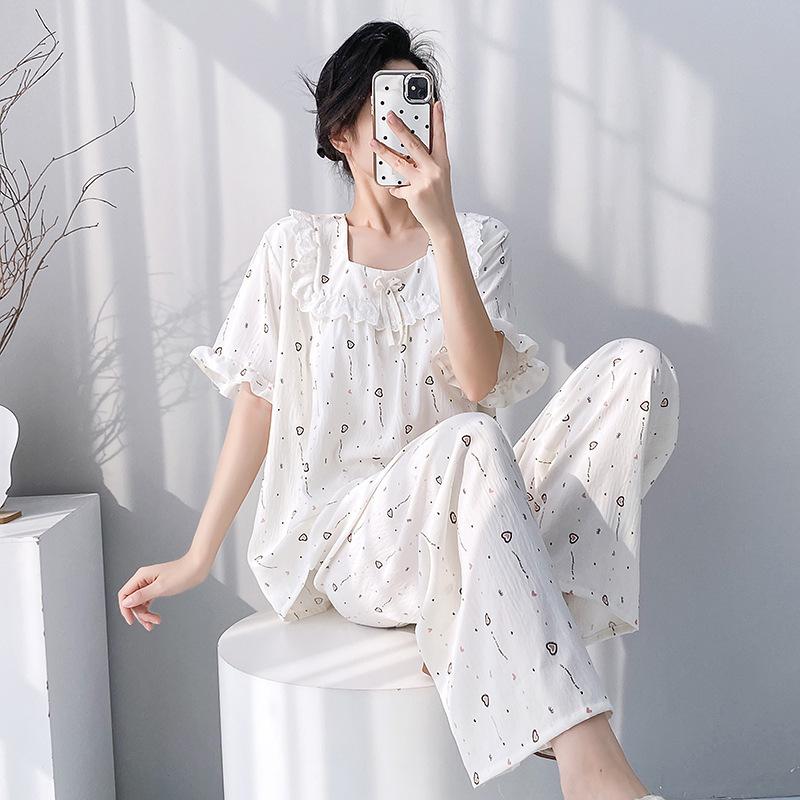 Cotton silk family 1011 new short-sleeved trousers doll collar pajamas women's summer loose loungewear comfortable suit