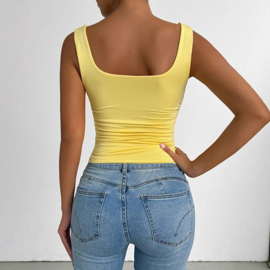 Women's Sleeveless Camisole Vest with Square Neckline, Casual Basic Style, Exposed Navel Top