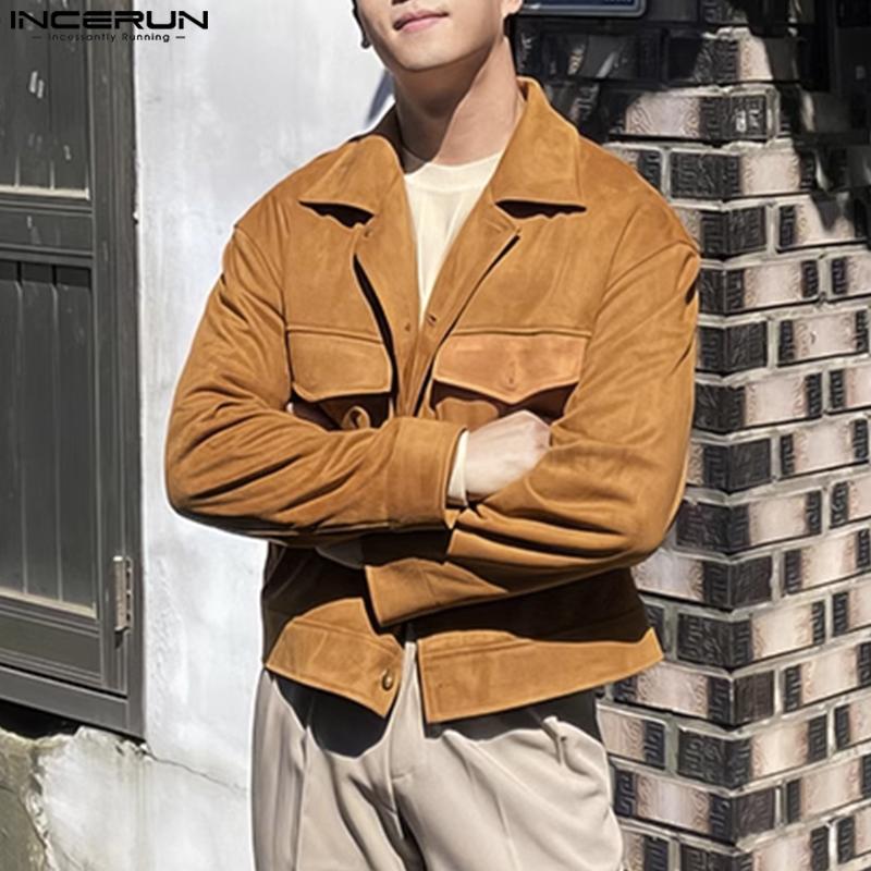 INCERUN Men Lapel Neck Long Sleeve Buttons Up Motorcycle Style Suede Jackets Coats