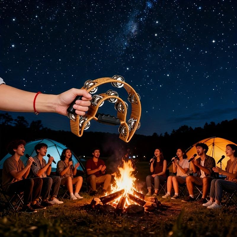 Professional half-moon tambourine with jingles, a hand-held percussion instrument featuring thick jingle strips and an ergonomic handle, suitable for