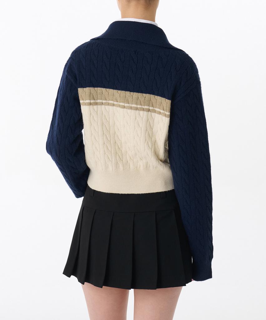MUSINSA STANDARD WOMAN Women'S Color Block Cable Knit Zip-Up [Navy]