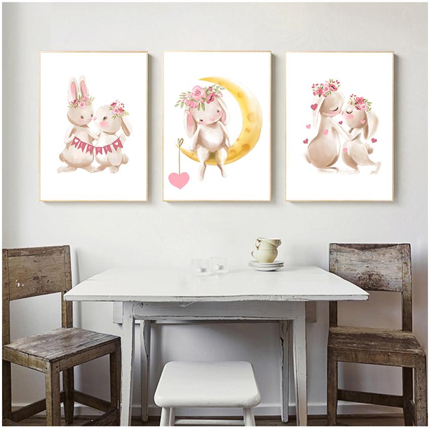 Розовые цветы, мультяшная картина для девочек, декор для детской комнаты, постер с кроликом, картины с животными, детская настенная живопись с кроликом, холст, живопись