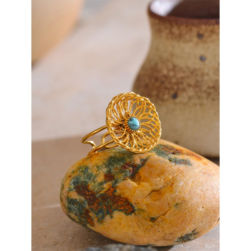 Eetit Trending Stainless Steel Natural Stone Flower Hollow Adjustable Ring 18K Golden PVD Plated 2025 Finger Jewelry Gift