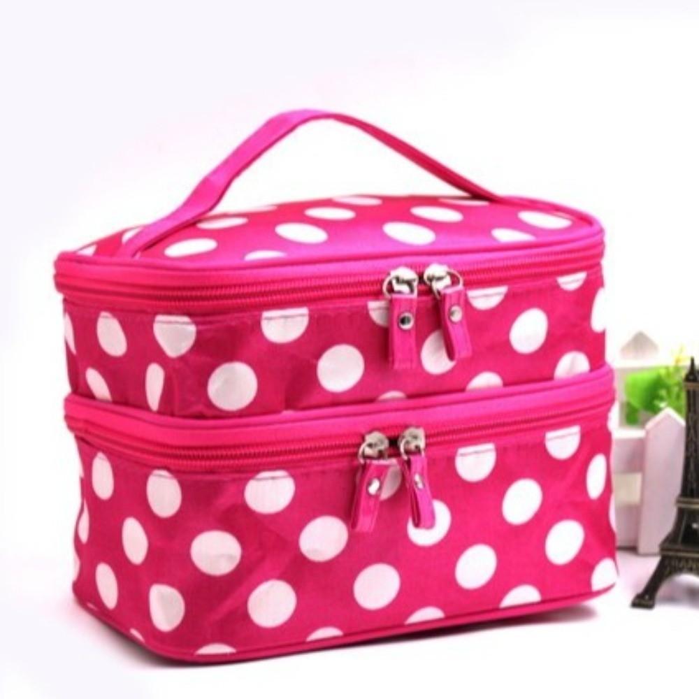 New Double-layer Makeup Bag Polka Dots Portable Travel Makeup Case Large Capacity Travel Toiletries Organizer