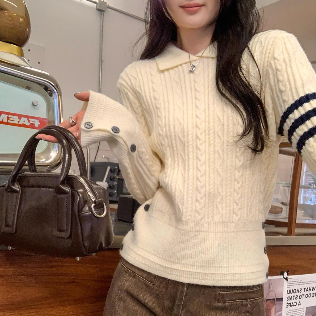 European Dark Blue Striped Lapel Sweater for Women - Spring/Autumn 2026 Cable Knit Top